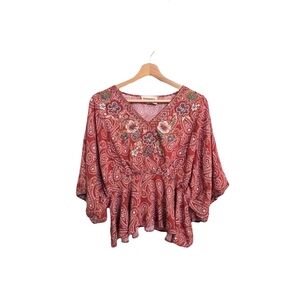 Savanna Jane Red Multi Embroidered Floral Paisley Boho Peasant Top Size S
